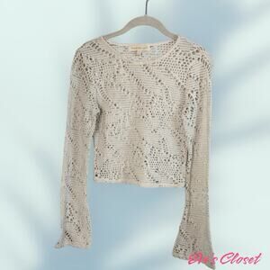 Madden Girl Junior Ribbed Crochet Off White Sweater Cropped Long Sleeve Sz M